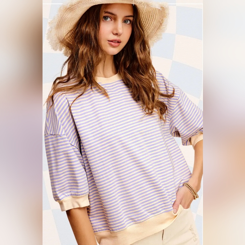 LA MIEL Lavender and Cream Striped Oversized Top